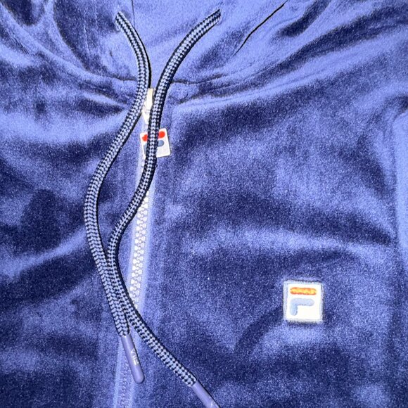 FILA Velour Track Suit Set Navy Blue Logo Tape Hoodie Joggers L/M - Picture 3 of 16